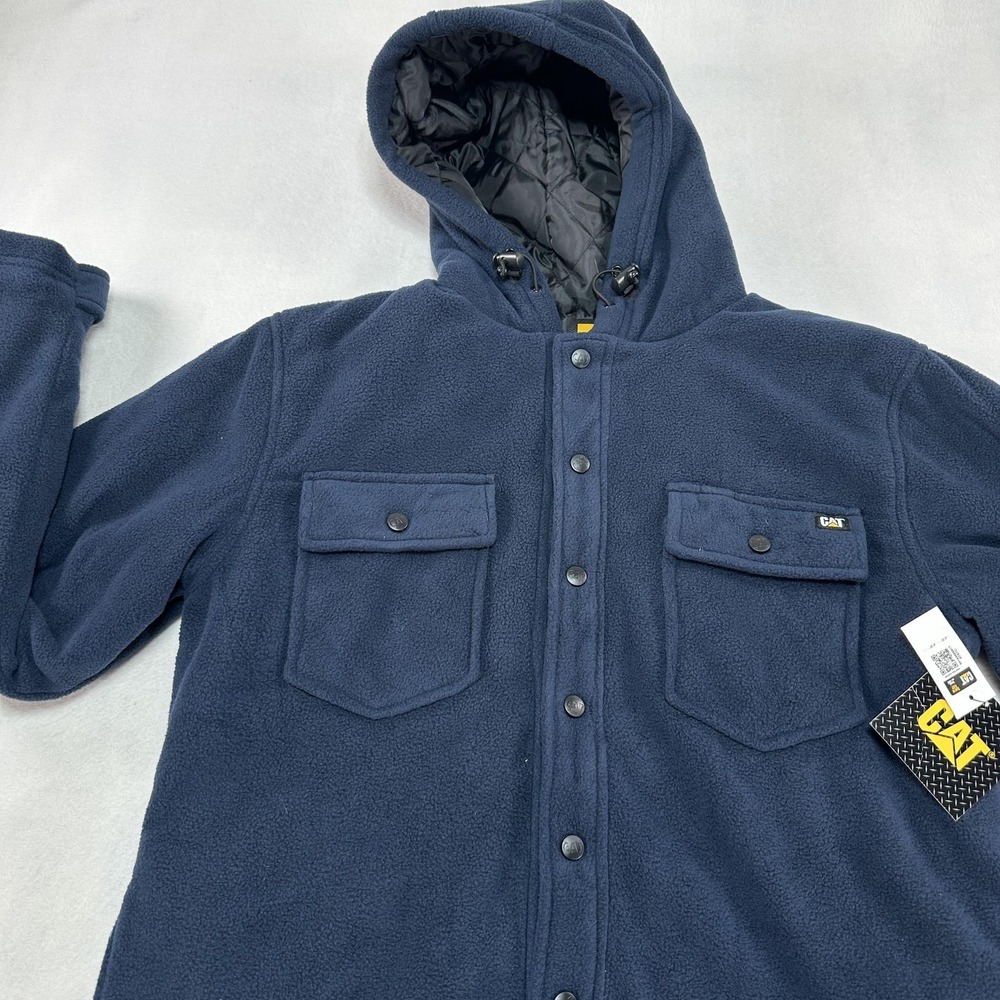 CAT Active Work Jacket Mens Medium Navy Blue Hooded Fleece Quilted Lined Durable - Picture 2 of 15